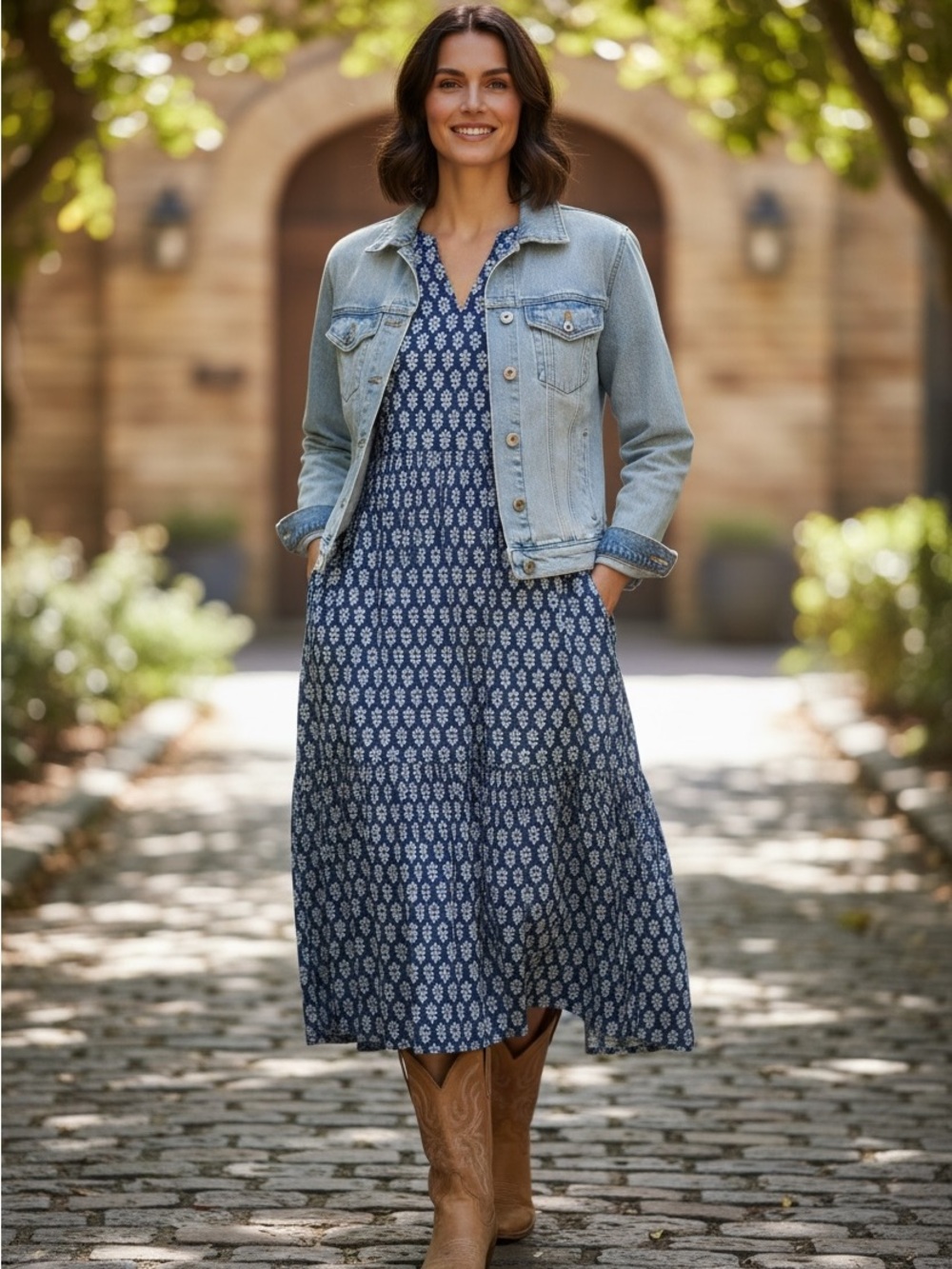 navy BLEU designer Printed V-Neck Tiered Midi Dress NWT SZL